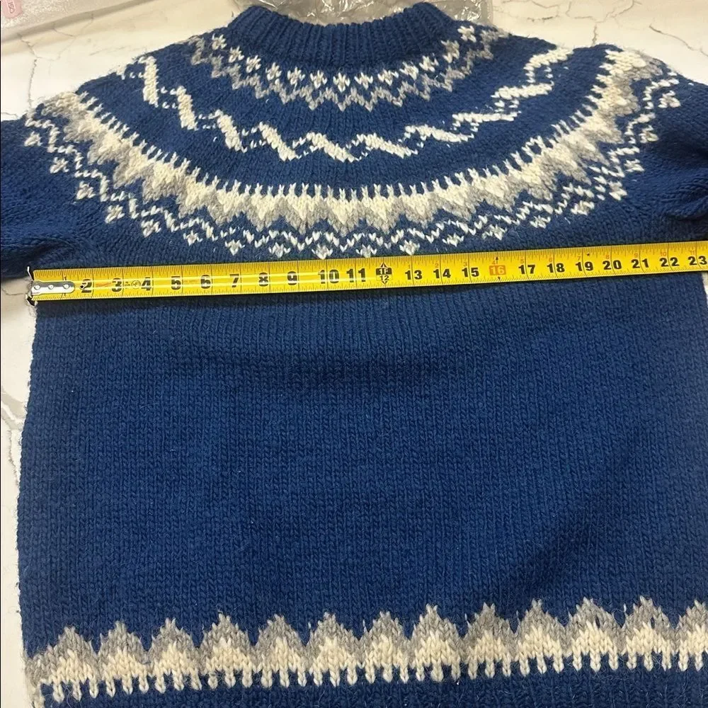 Hand Knitted Wool Sweater, Blue, White Grey Icelandic Norwegian Jumper Crew-neck